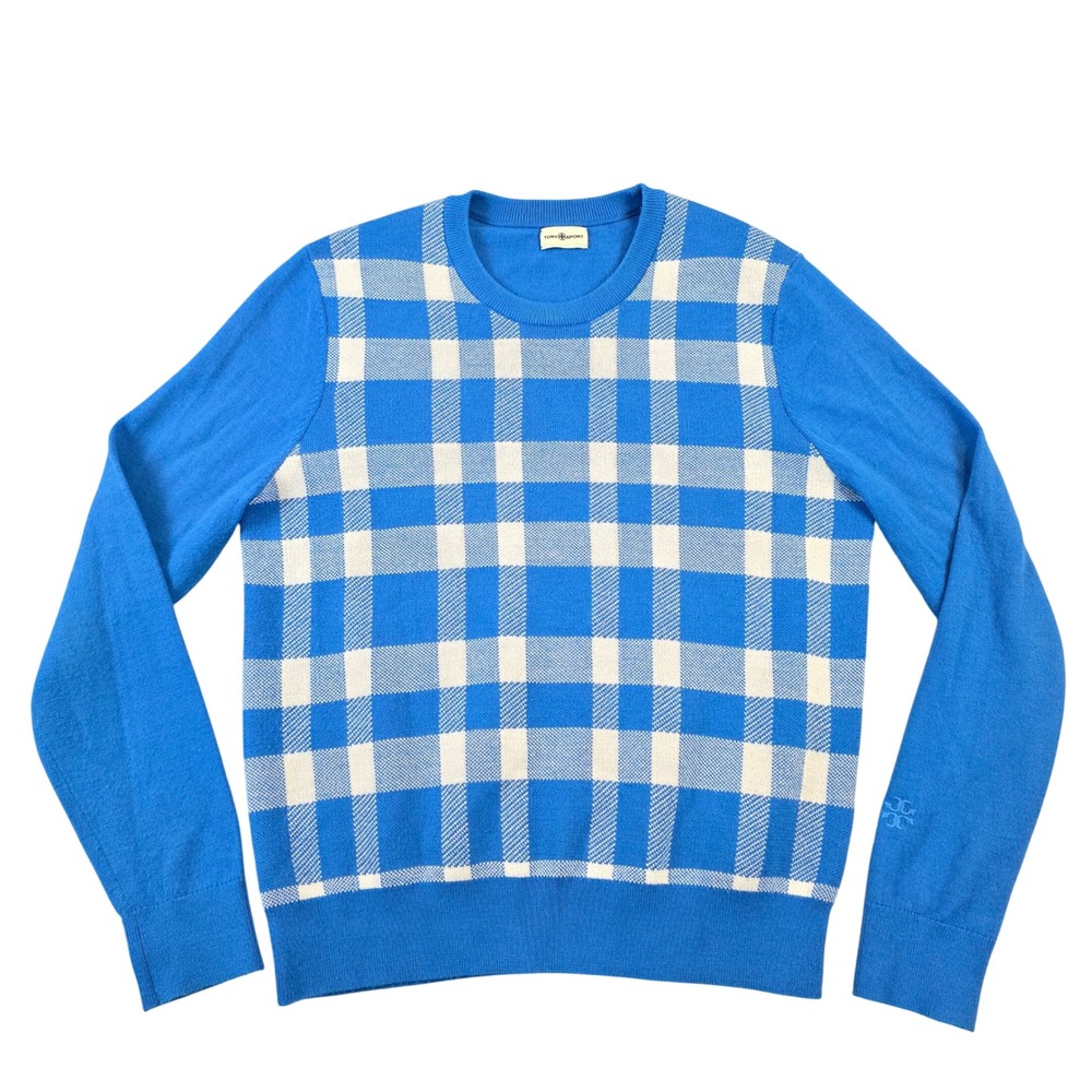 Tory Burch Sport Blue Plaid Merino Wool Coolmax Crewneck Sweater Women's Medium